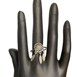Open Adjustable Dreamcatcher Thumb Ring with Feather Dangle Charms